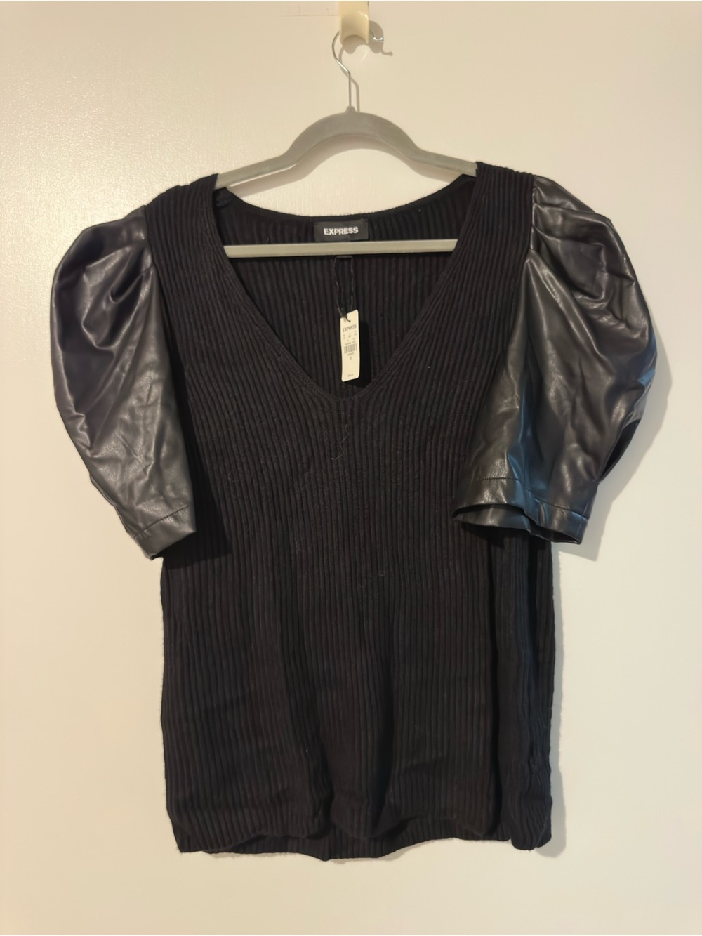 Express Black Ribbed V-Neck Top with Faux Leather Puff Sleeves